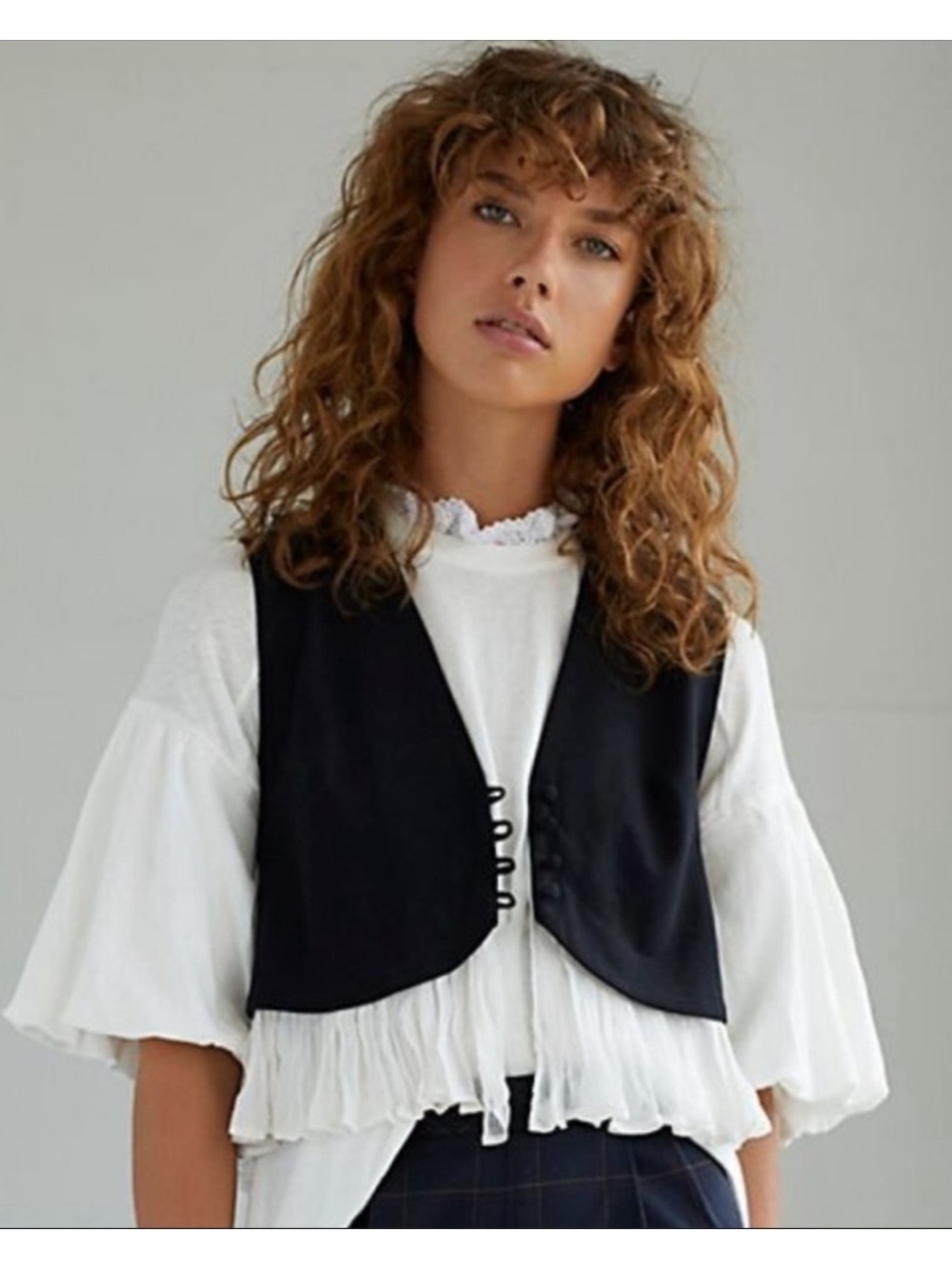 Free People Parisian Nights Vest Black & White Ruffle Size Small